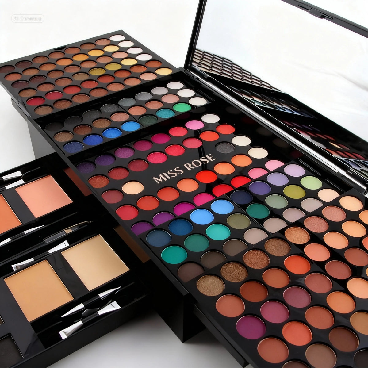 180 Colour Piano-shaped Makeup Palette by Miss Rose, open, showing diverse eyeshadows and a drawer with blushes and contour powders.