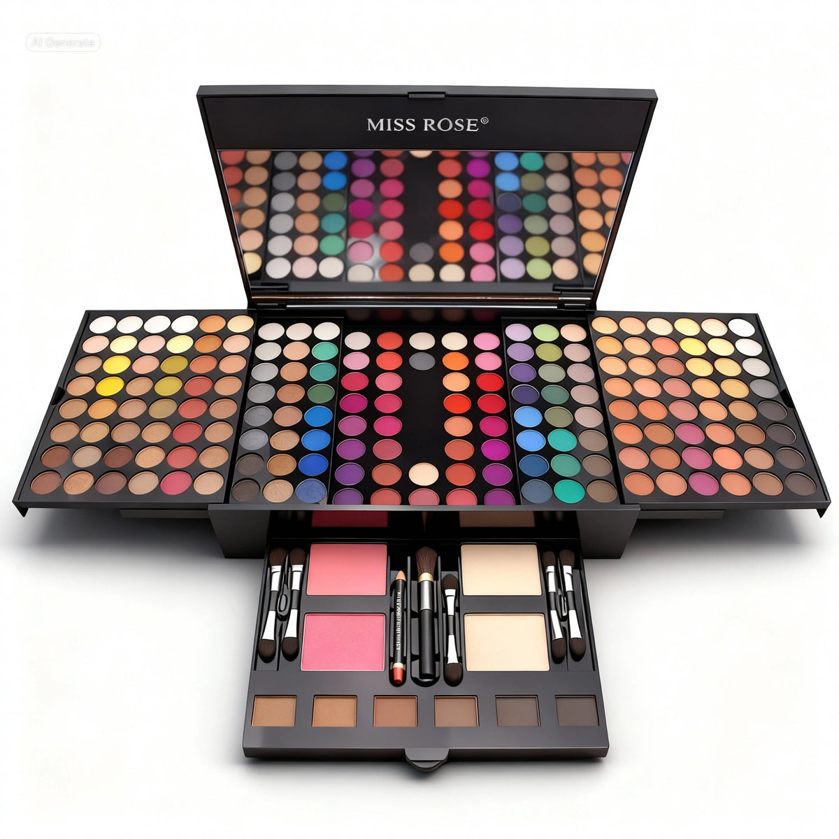 180 Colour Piano-shaped Makeup Palette by Miss Rose, fully open, displaying a wide range of eyeshadows, blushes, and brushes.