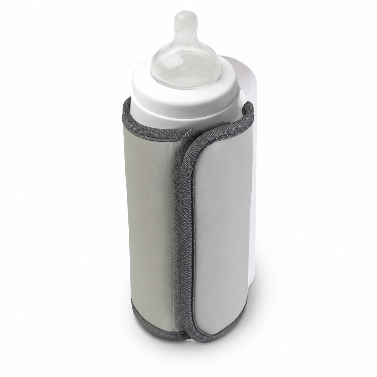 White baby bottle with a gray holder on a white background