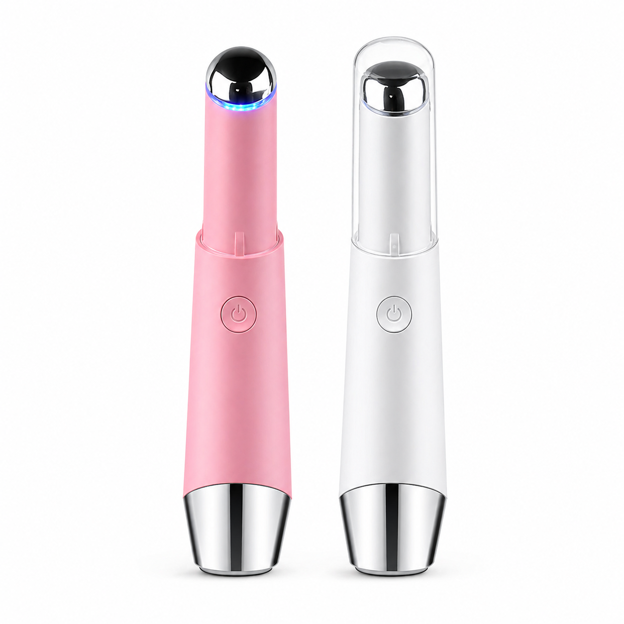 Pink and white handheld devices with metallic ends on a white background