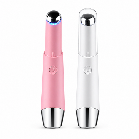 Pink and white handheld devices with metallic ends on a white background