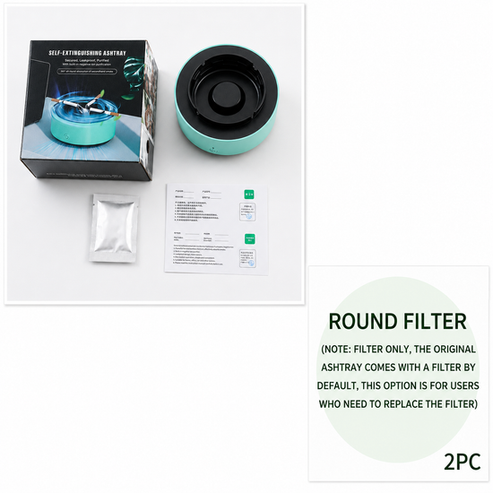Round filter for a self-extinguishing ashtray with packaging and accessories on a white background.