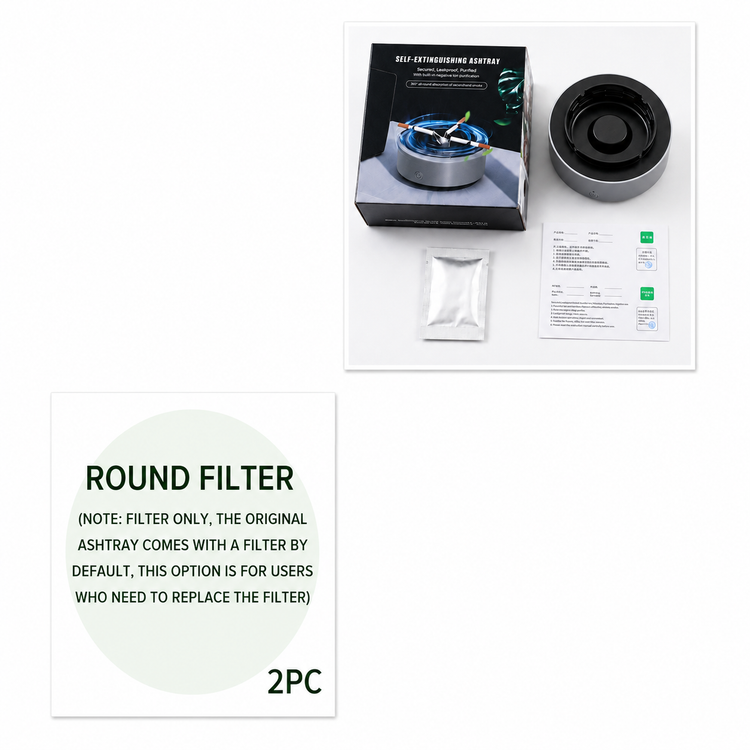 Round filter packaging with an ashtray and filter box on a white background