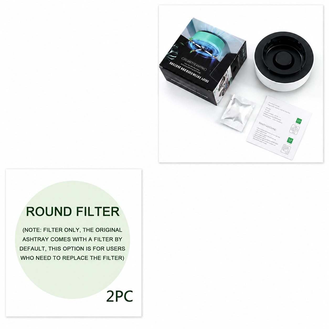 Round filter packaging with an ashtray and accessories on a white background