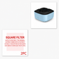 Blue ashtray with black filter compartment and text about square filter replacement.