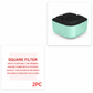 Mint green ashtray with black top on a white background, featuring text about square filter options.