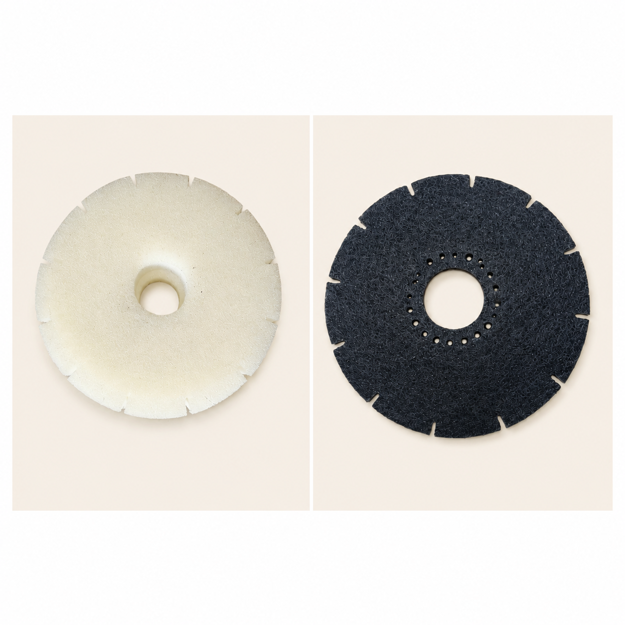 Two circular grinding wheels, one white and one black, on a beige background.
