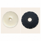 Two circular grinding wheels, one white and one black, on a beige background.