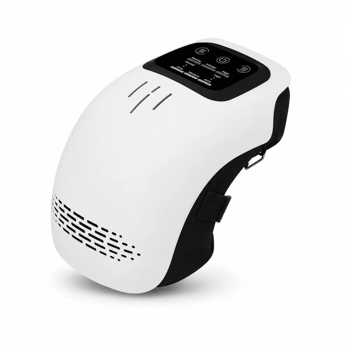 Portable electric knee massager with heat and vibration in white and black, angled side view.