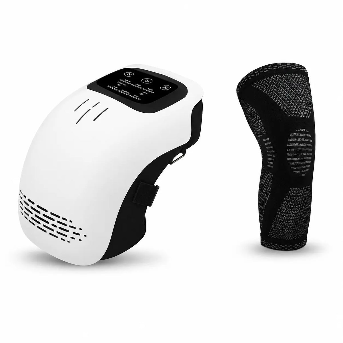 Portable electric knee massager with heat and vibration in white next to a black mesh knee sleeve.
