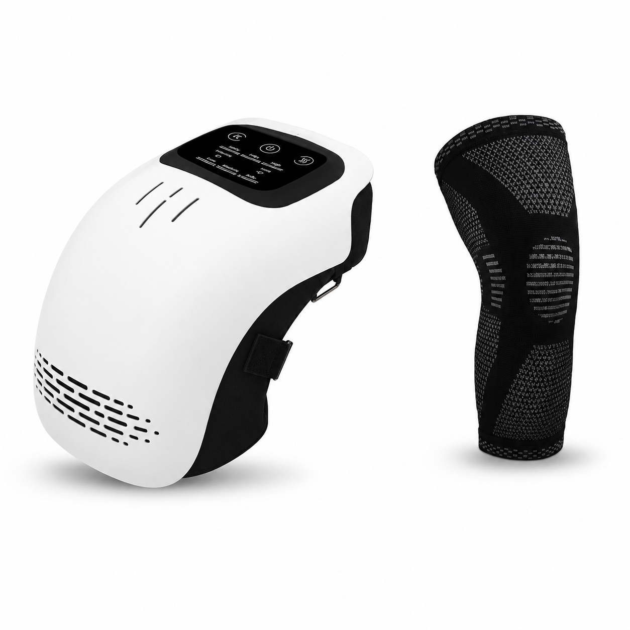 White electronic device with black cover and black knee brace on a white background