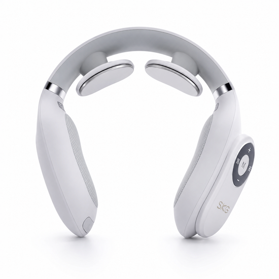 White neck massager with silver accents on a white background
