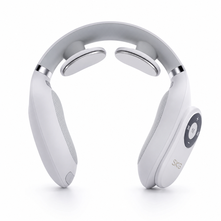 White neck massager with silver accents on a white background