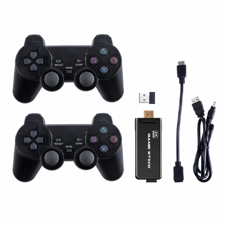 Two black gaming controllers, a USB adapter, and cables on a white background