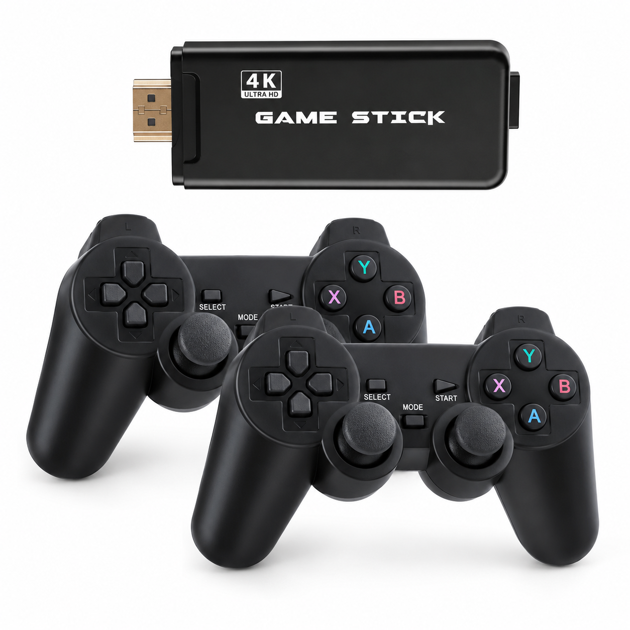 Black game stick with four controllers on a white background