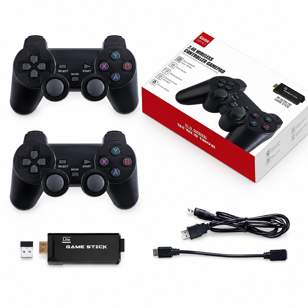 Two gaming controllers, a game stick, and cables on a white background with a red and white box.