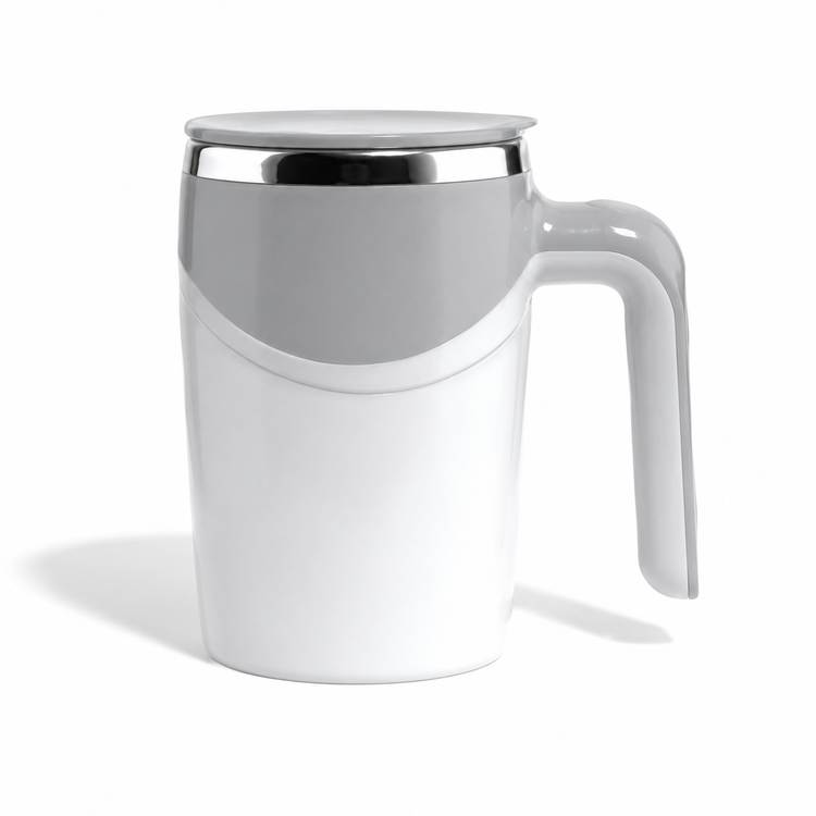 White mug with a silver lid on a white background