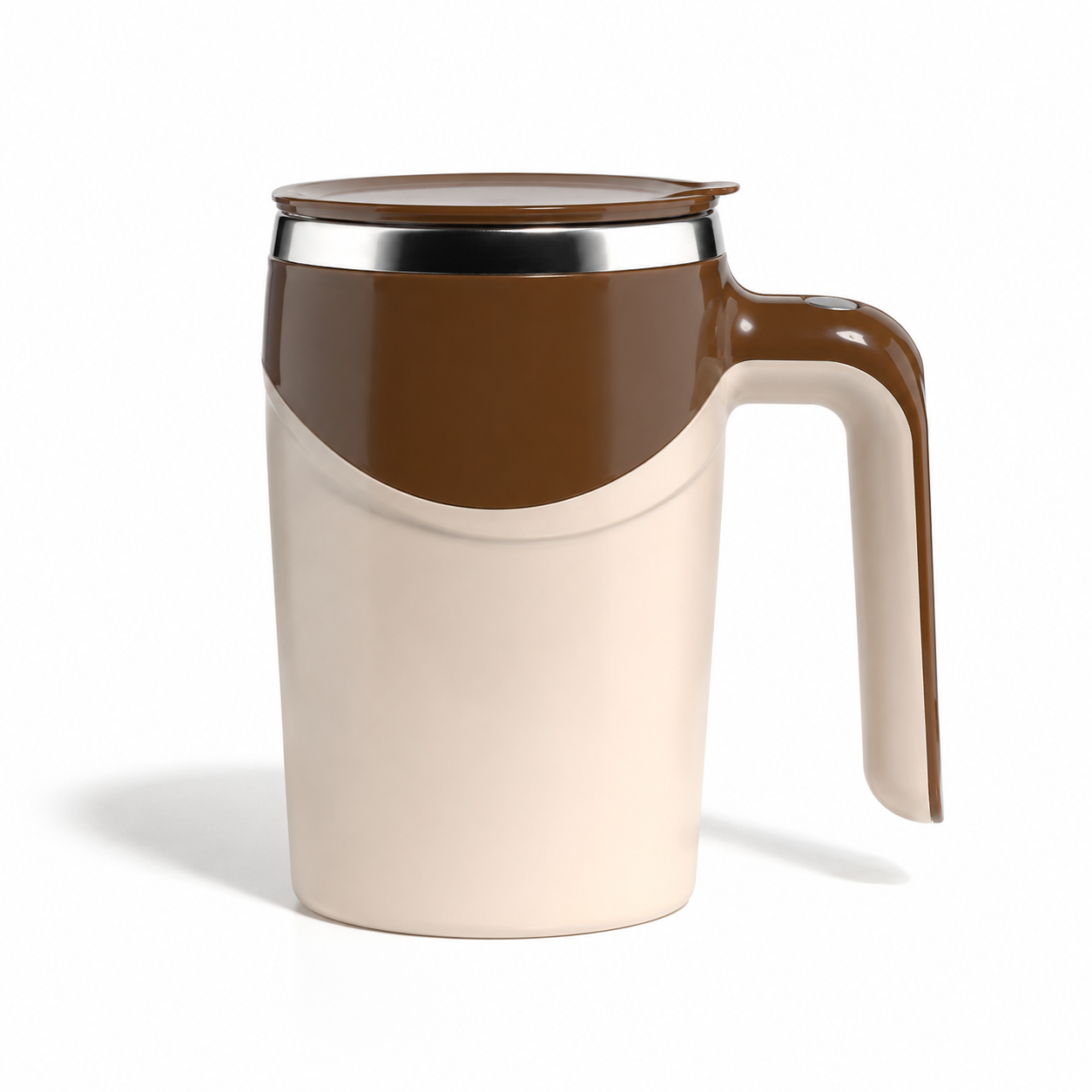 Brown and beige mug with a handle on a white background