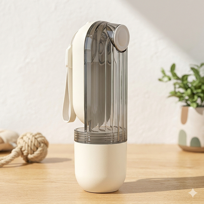 Portable water filter on a wooden surface with a plant in the background BEIGE