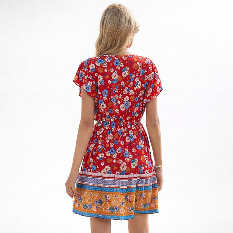 Posterior view of women’s Spring V-Neck Printed Dress