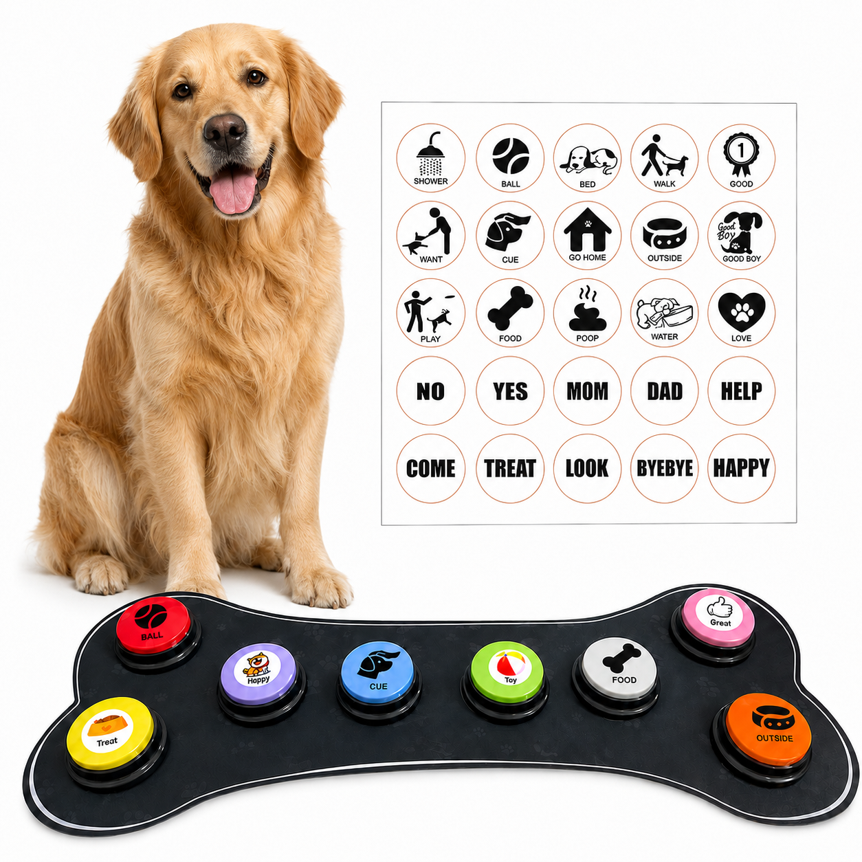 Product Details
Set Type: 8-Piece Set
Material: Plastic
Category: Pet Toys

Key Features
Use: Helps pets learn simple sound-based communication
Design: Recordable button style for pet training
Suitable For: Dogs and other trainable pets
Function: Can be used for words such as food, outside, play, treat, and more

Package Includes
Button Set: 1 Set

Size &amp; Color
Size: 28 x 19 x 18 cm
Color: 8-Piece Set

Additional Information
Note: Product size may vary slightly due to manual measurement.
