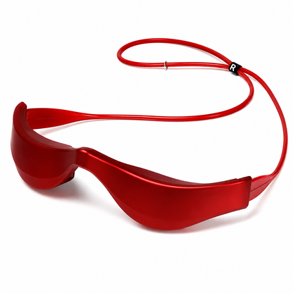 Red wrap-around wireless earbuds charging case with a matching red elastic cable and a small black &
