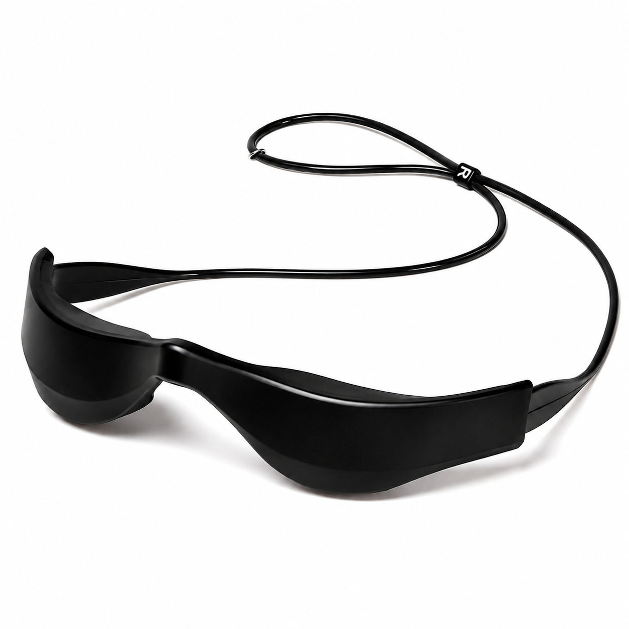 Black wireless sunglasses with a flexible, curved frame and an attached neck strap, shown on a clean white background.
