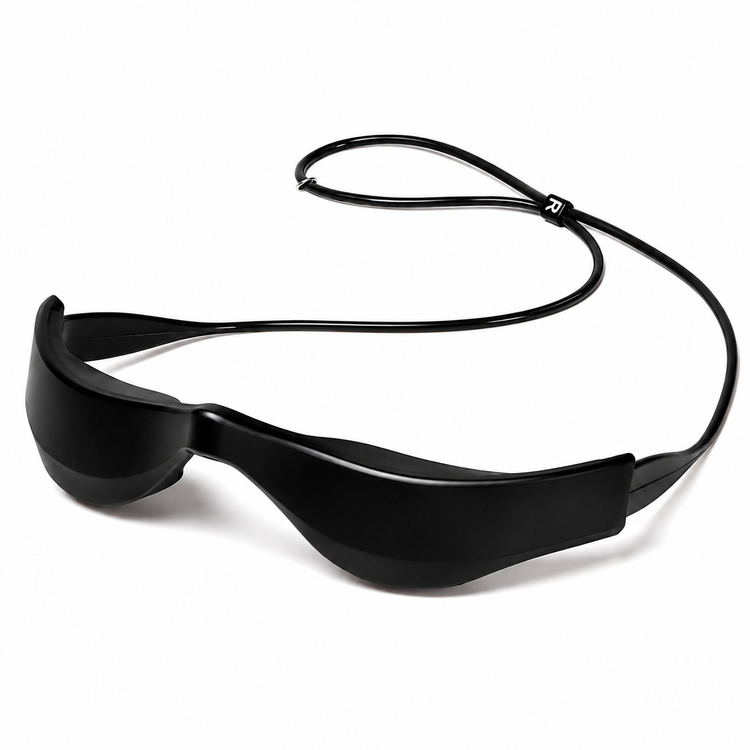 Black wireless sunglasses with a flexible, curved frame and an attached neck strap, shown on a clean white background.