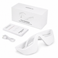 White eye massager device shown with its white retail box, instruction booklet, and USB charging cable on a clean white background.