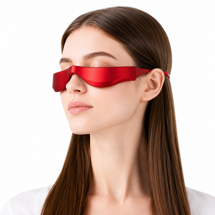 A woman with long brown hair wearing a sleek, red futuristic eye mask or visor, shown in profile against a solid white background.