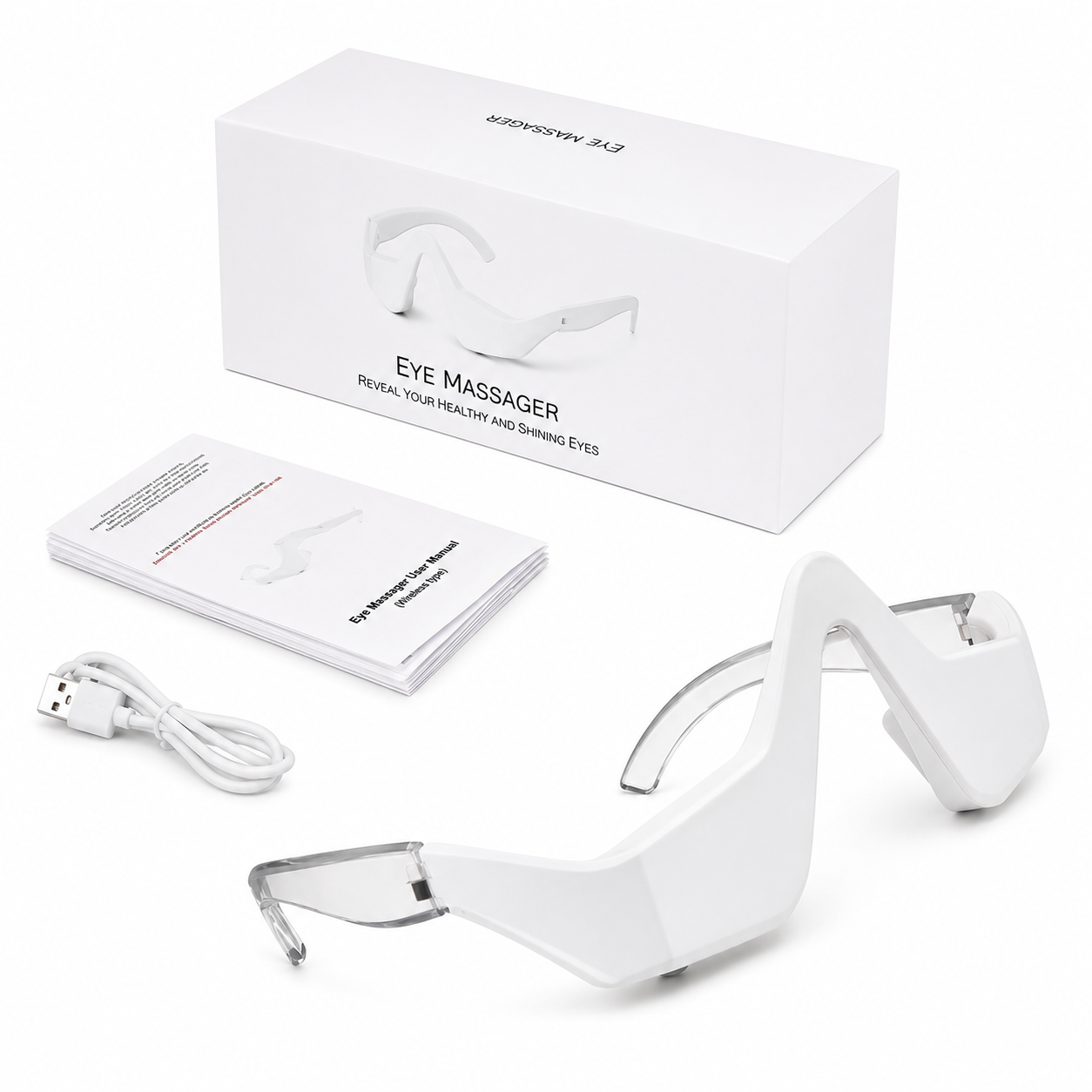 White electronic eye massager glasses shown with their white retail box, USB charging cable, and instruction booklet on a clean white background.