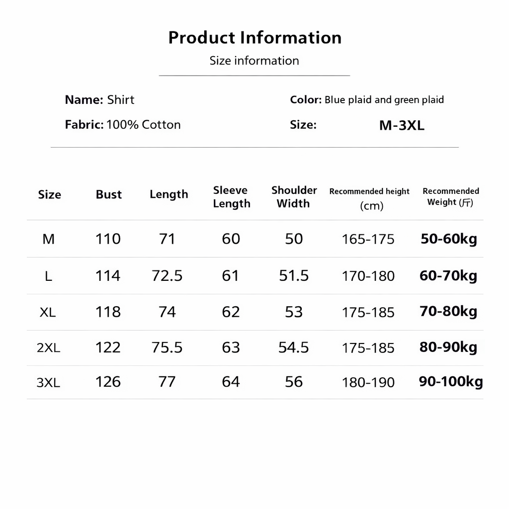 Product information table for shirts with size chart and specifications.