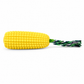 Dog toy shaped like a corn on the cob with a braided handle on a white background