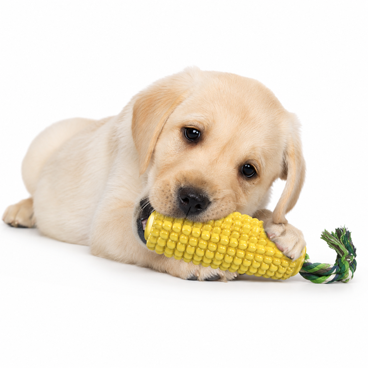 Puppy playing with a corn-shaped dog toy on a white background