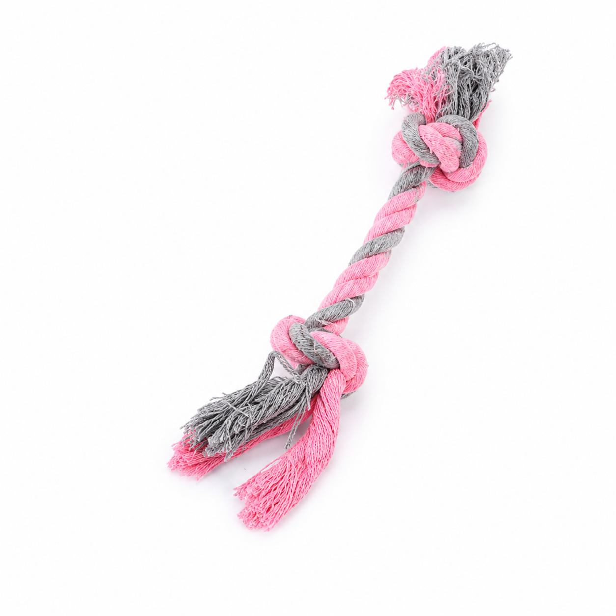 Pink and gray knotted rope toy on a white background