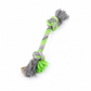 Gray and green knotted rope toy on a white background