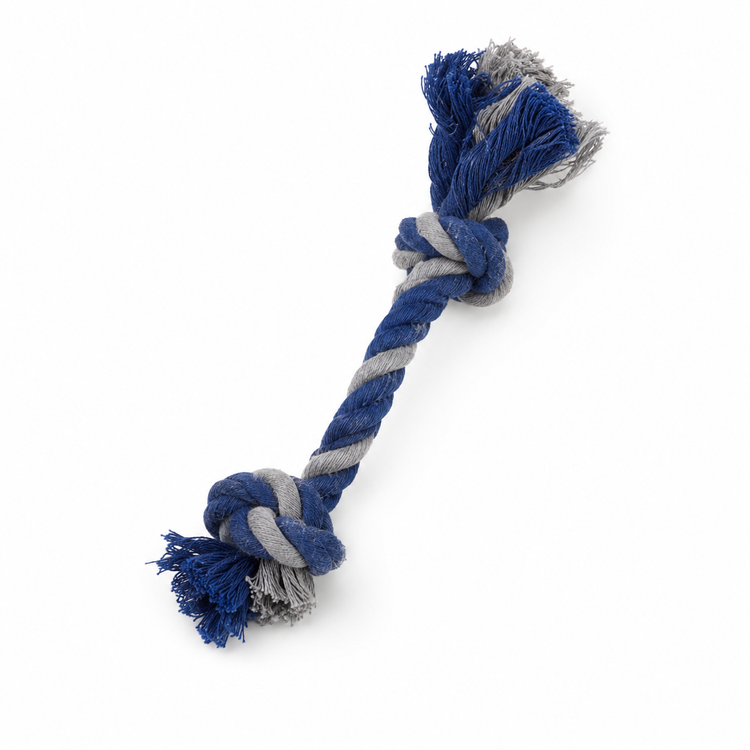 Blue and gray knotted rope toy on a white background
