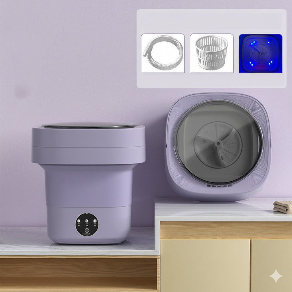Purple Portable Foldable Washing Machine | Camper Van & Mobile Home With Blue Light