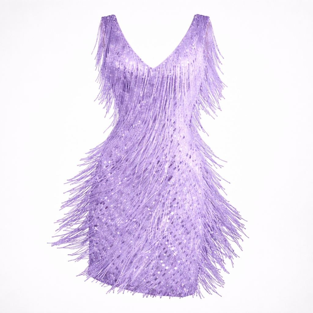 Purple fringe dress on a white background