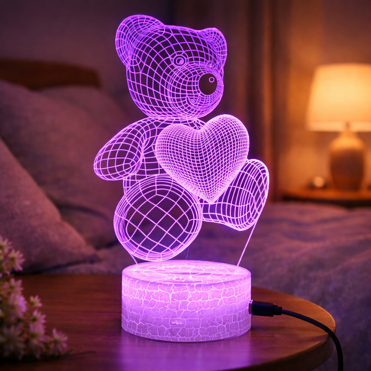 Purple teddy bear night light on a table with a blurred background 3D Acrylic USB LED Night Lamp – Neon Sign
