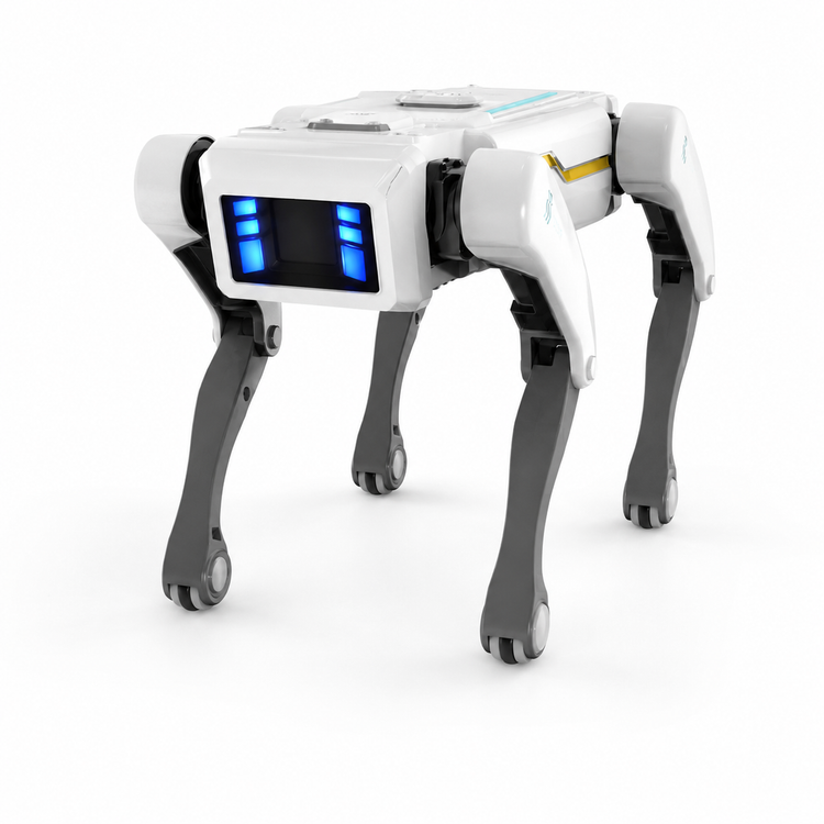 Robotic dog with a white and gray color scheme on a white background