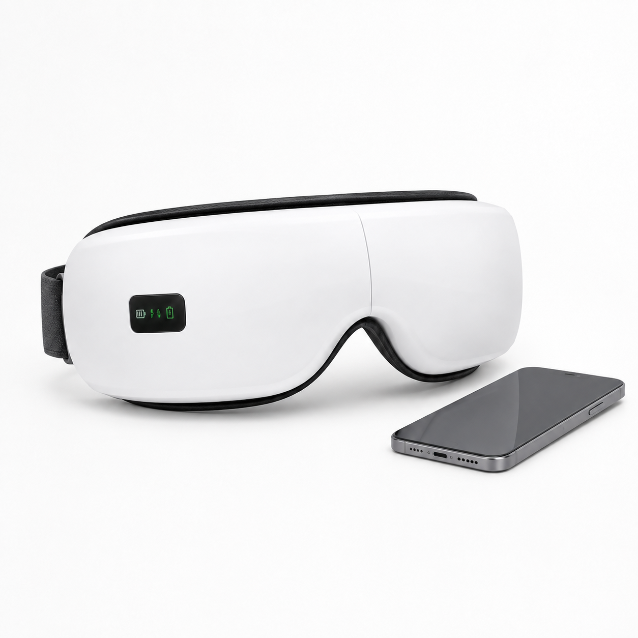 White eye mask with digital display and smartphone on a white background