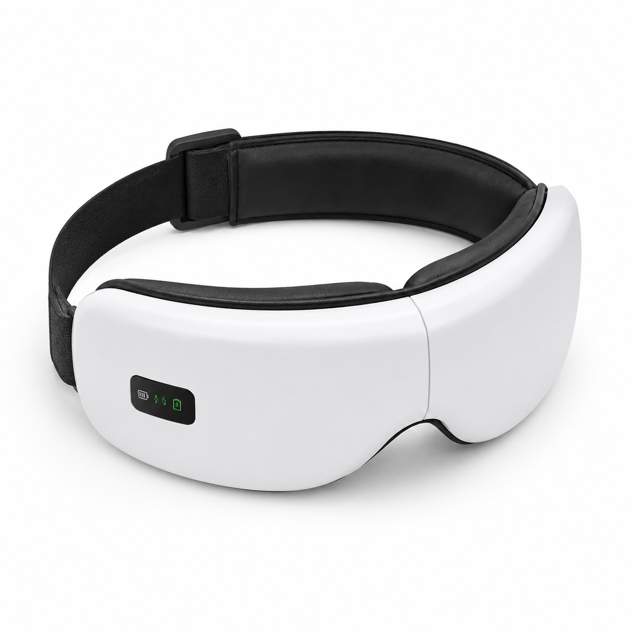 White eye mask with black strap on a white background