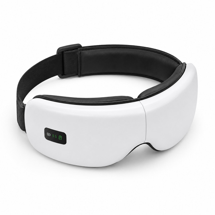 White eye mask with black strap on a white background