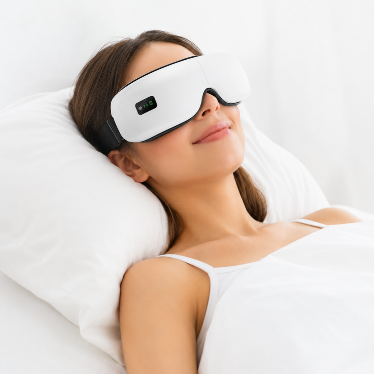 Woman wearing a white sleep mask with a digital display, lying on a white pillow.