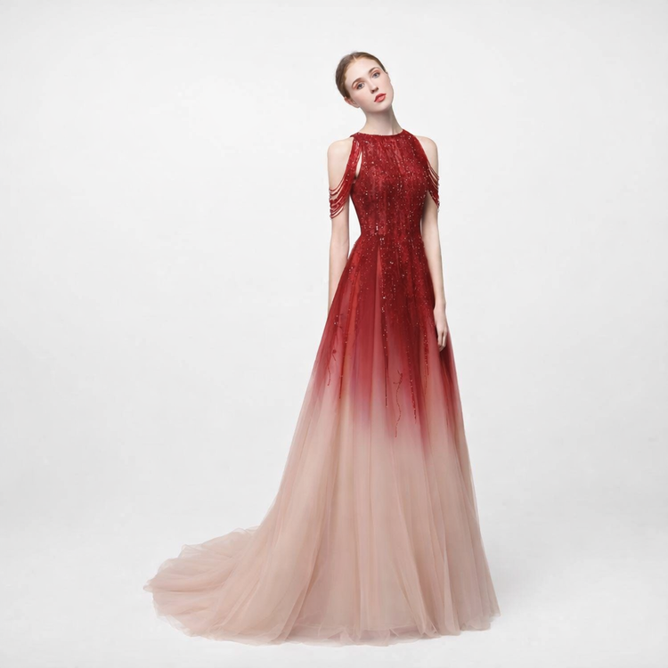 Red and pink gradient evening gown on a white background