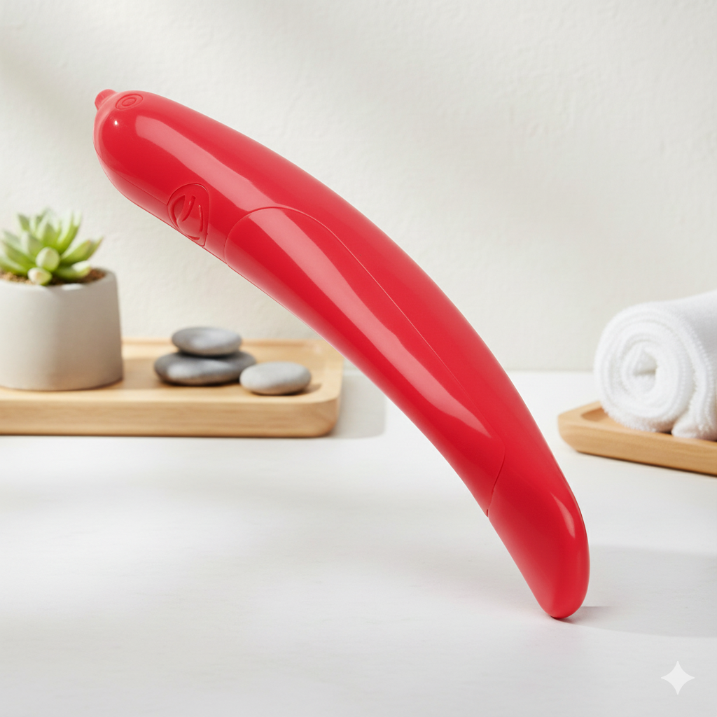 Red balloon animal on a white surface with a plant and stones in the background