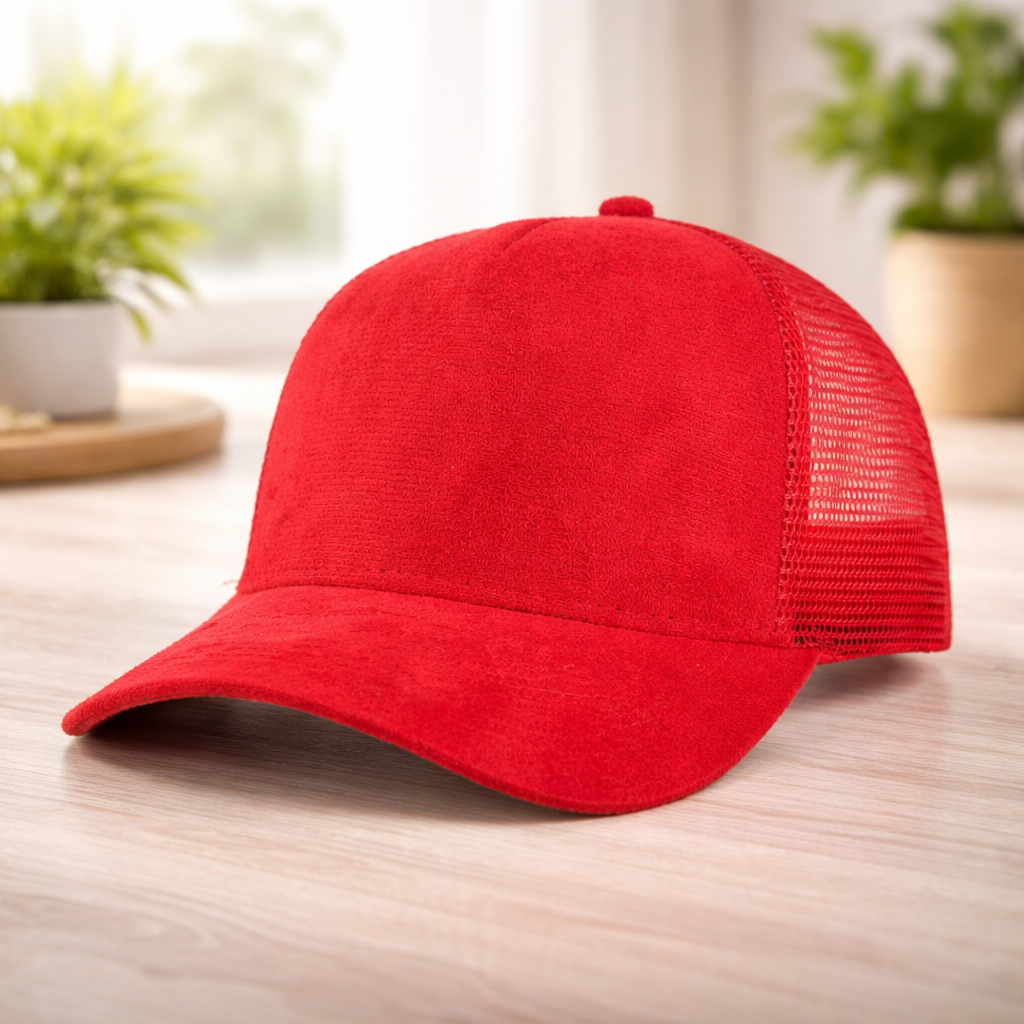 Red cap with mesh back on a wooden surface with a blurred indoor background