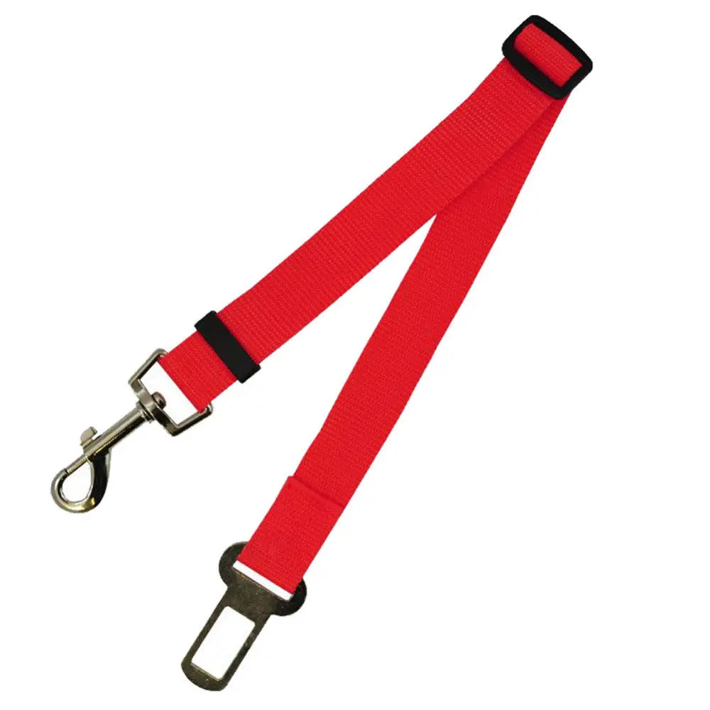 Pet car seat belt for safe and comfortable travel red strap with black buckle and silver clip against white background