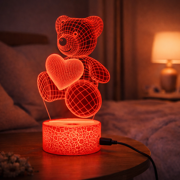 Red teddy bear lamp with heart on a wooden table in a dimly lit room. 3D Acrylic USB LED Night Lamp – Neon Sign
